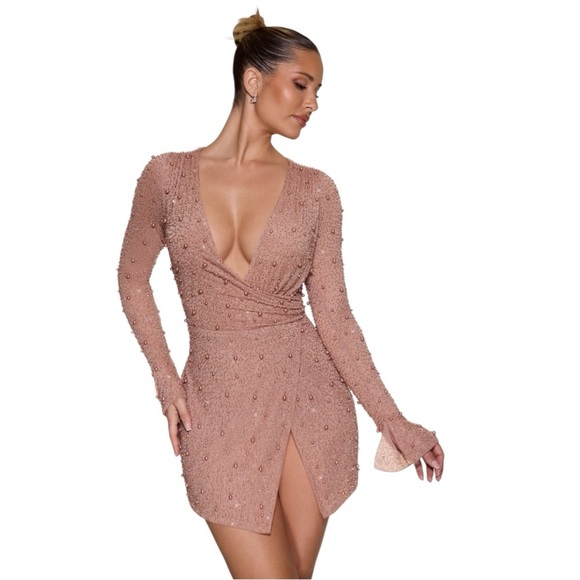 OH POLLY Chelsea Embellished Wrap Over A-Line Mini Dress Beige Pearl Sz 6 Party - Picture 3 of 12